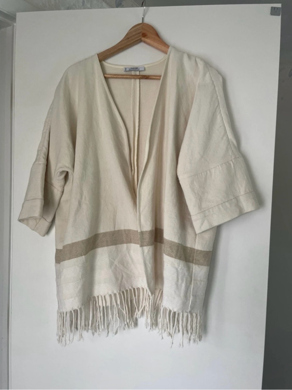 Mango Cream Open-Front Knit Kimono with Fringe